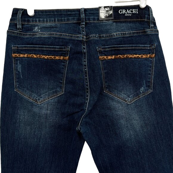 NWT Grace in LA Women Dark Wash Leopard Print Detail Flare Stretch Jeans Size 29 - Picture 4 of 12